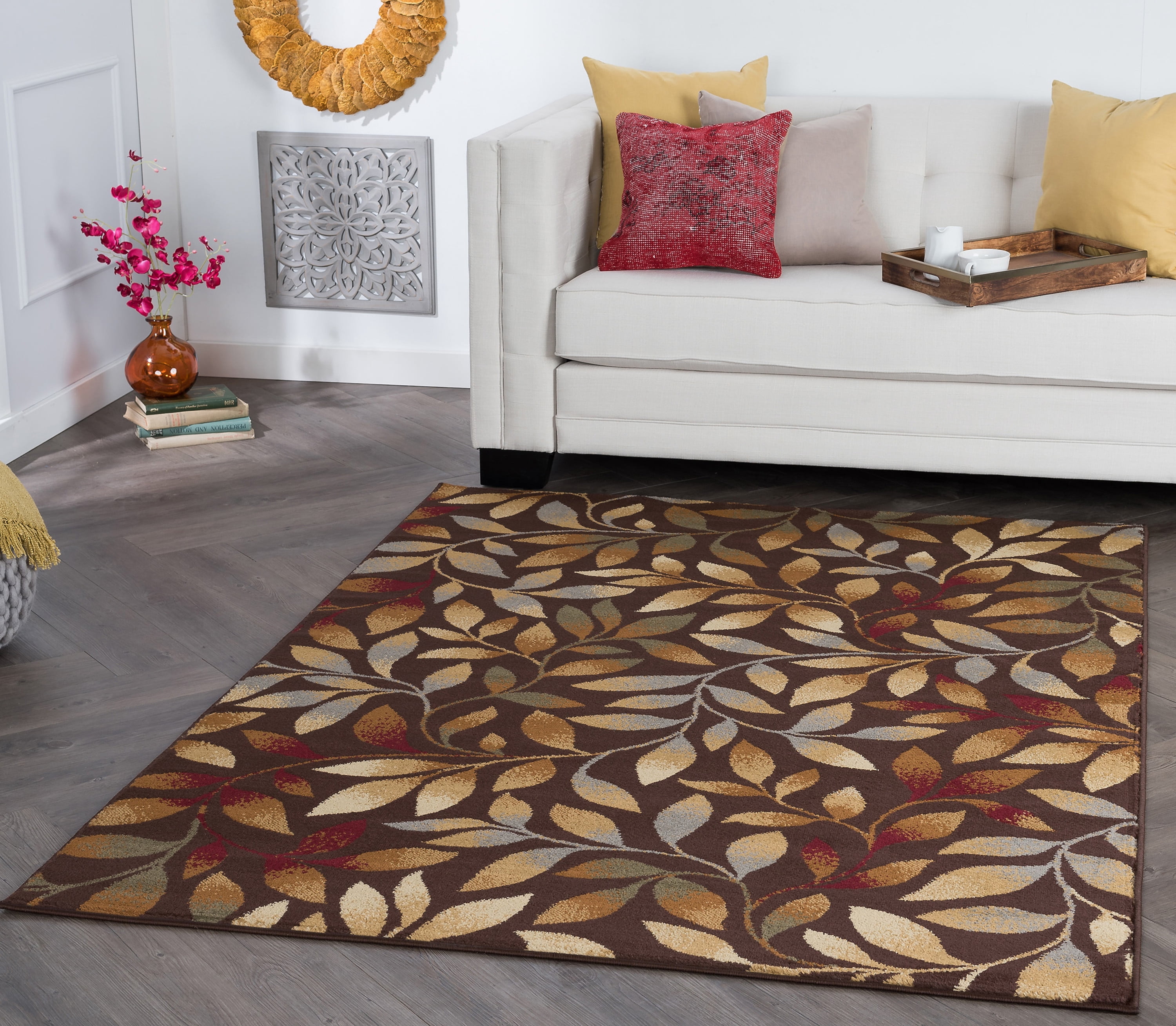 Transitional 8x10 Area Rug (7'6'' x 9'10'') Floral Brown, Red Living Room Easy to Clean