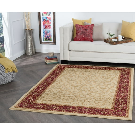 Transitional 8x10 Area Rug (7'6'' x 9'10'') Oriental Beige, Red Living Room Easy to Clean
