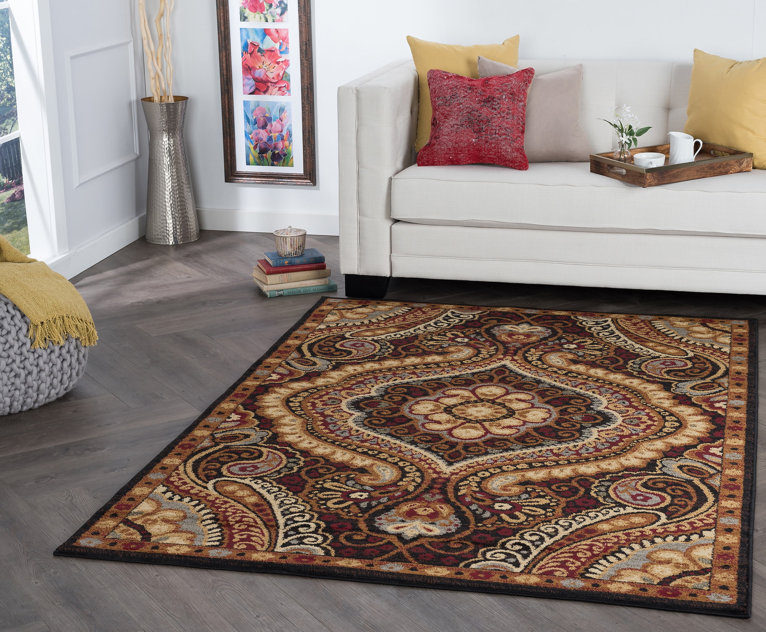 Transitional 8x10 Area Rug (7'6'' x 9'10'') Paisley Black, Red Living Room Easy to Clean