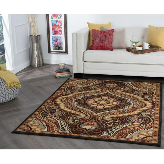 Transitional 8x10 Area Rug (7'6'' x 9'10'') Paisley Black, Red Living Room Easy to Clean