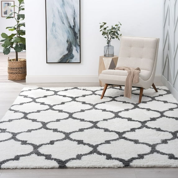 Jersey Shag Transitional Geometric White and Gray Polypropylene Indoor Area Rug, 8'x10' Rectangle