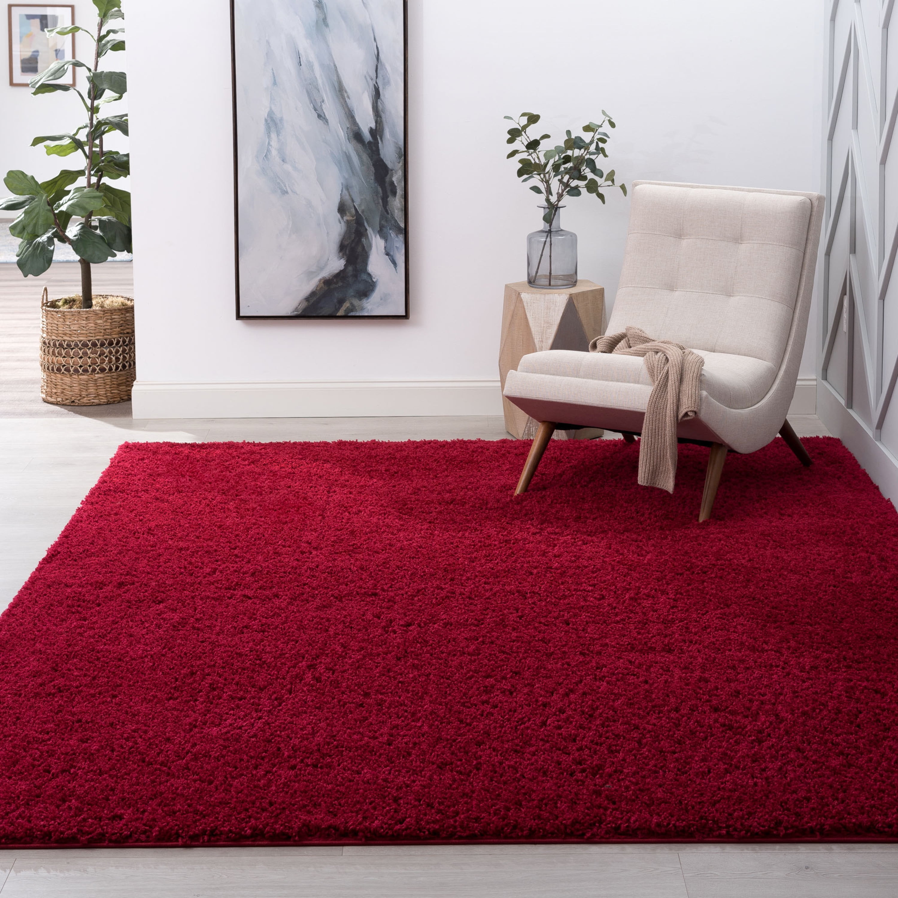Transitional 8x10 Area Rug Shag Thick (7'10'' x 10'2'') Solid Red Living Room Easy to Clean