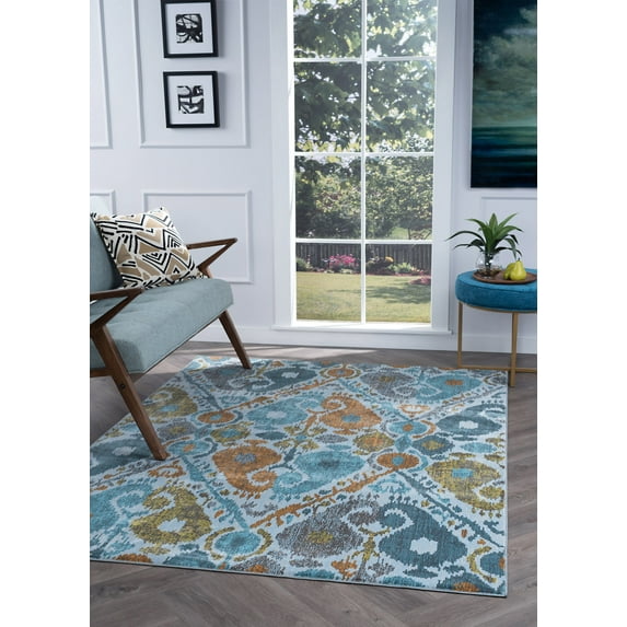 Transitional 8x11 Area Rug (7'10'' x 10'3'') Abstract Aqua, Gold Living Room Easy to Clean