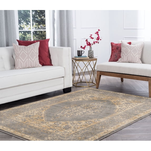 Transitional 8x11 Area Rug (7'10'' x 10'3'') Border Blue, Beige Living Room Easy to Clean