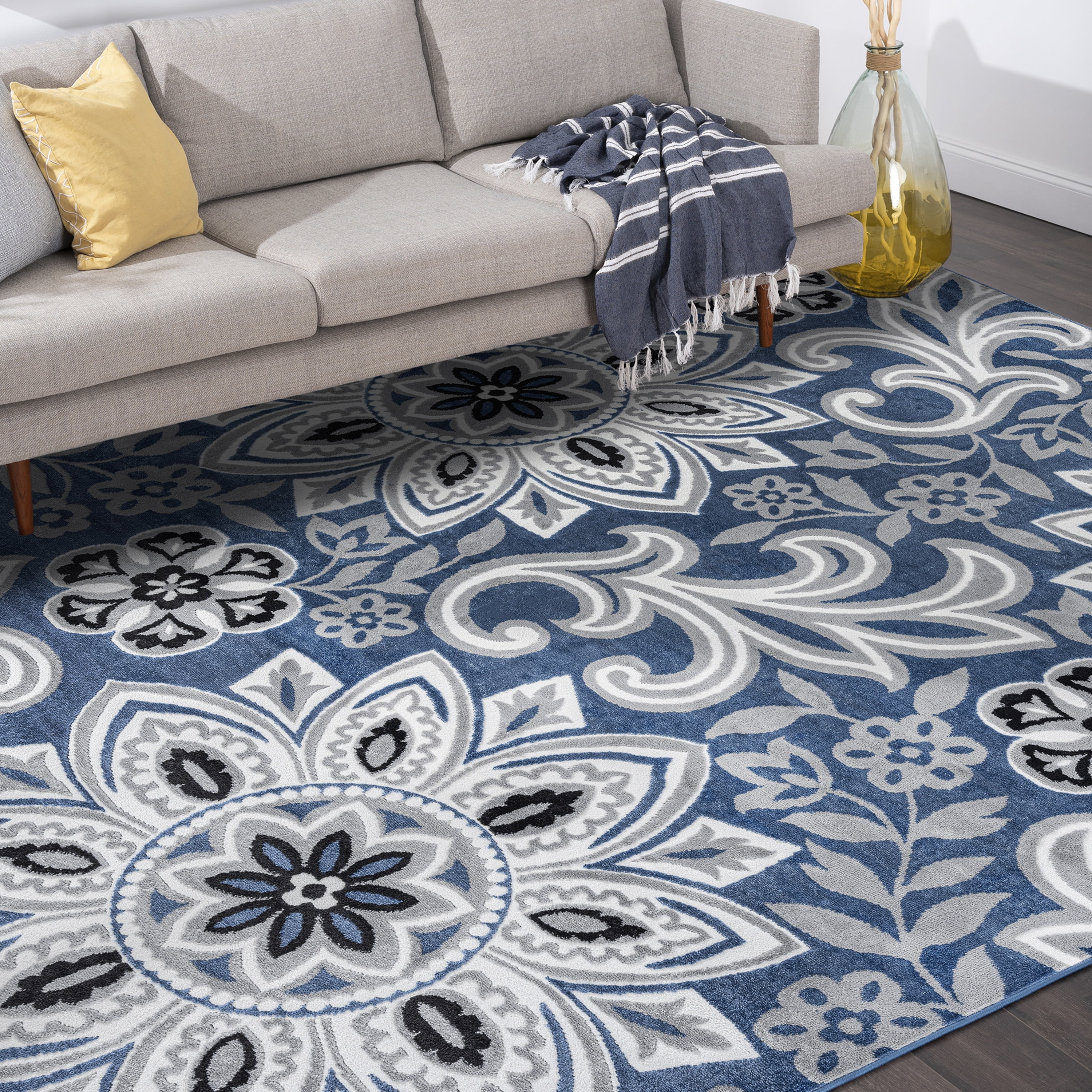 Transitional 9x12 Area Rug (8'10'' x 12'2'') Floral Blue, White Living Room Easy to Clean