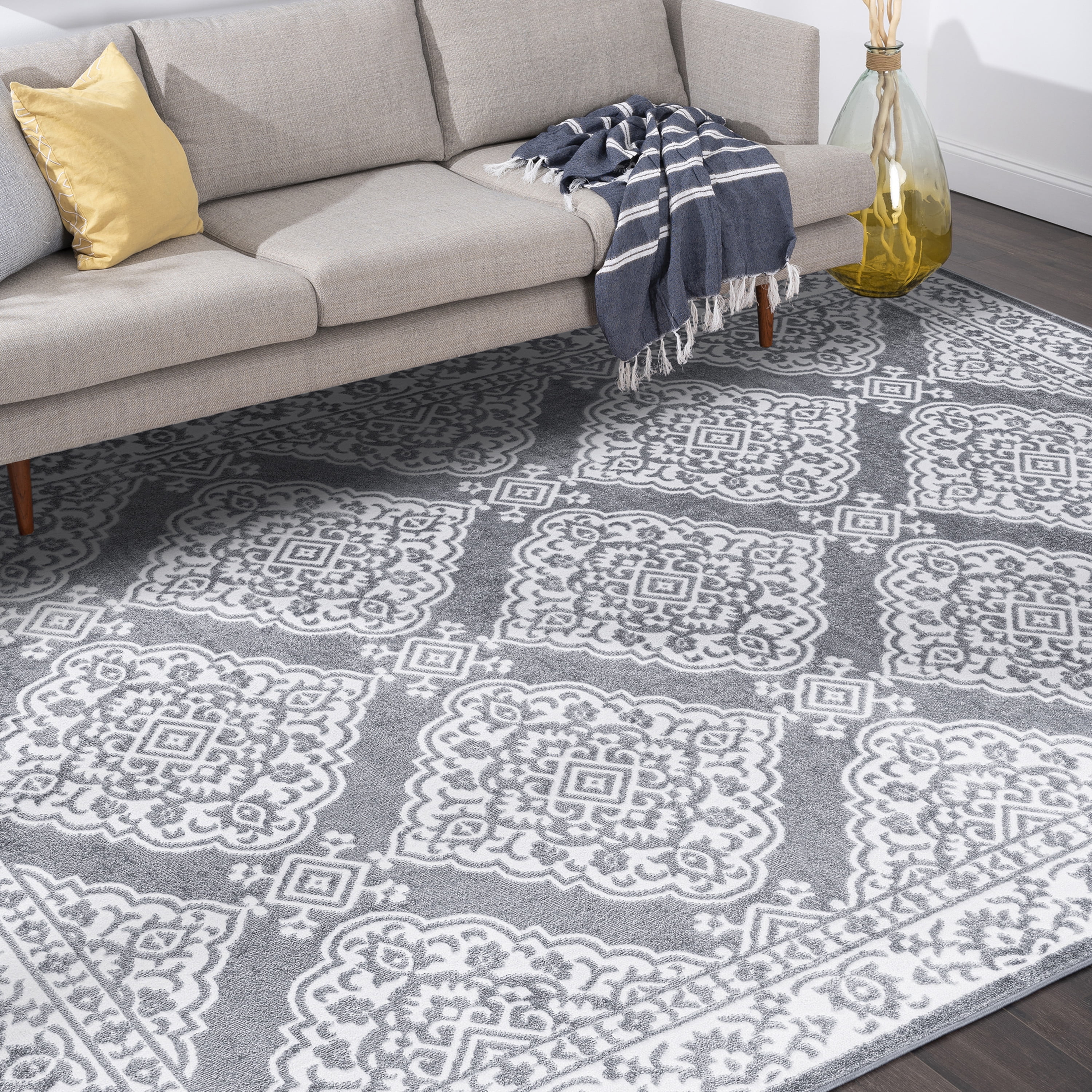 Transitional 9x12 Area Rug (8'10'' x 12'2'') Floral Gray, White Living Room Easy to Clean