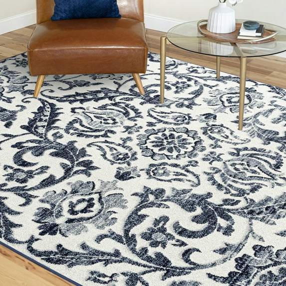 Transitional 9x12 Area Rug (8'10'' x 12'2'') Floral Navy, Cream Living Room Easy to Clean