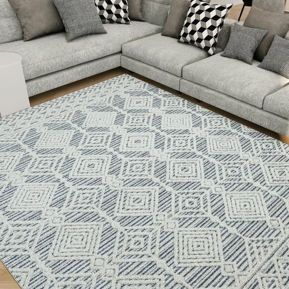 Transitional 9x12 Area Rug (8'10'' x 12'2'') Moroccan Blue, Cream Living Room Easy to Clean