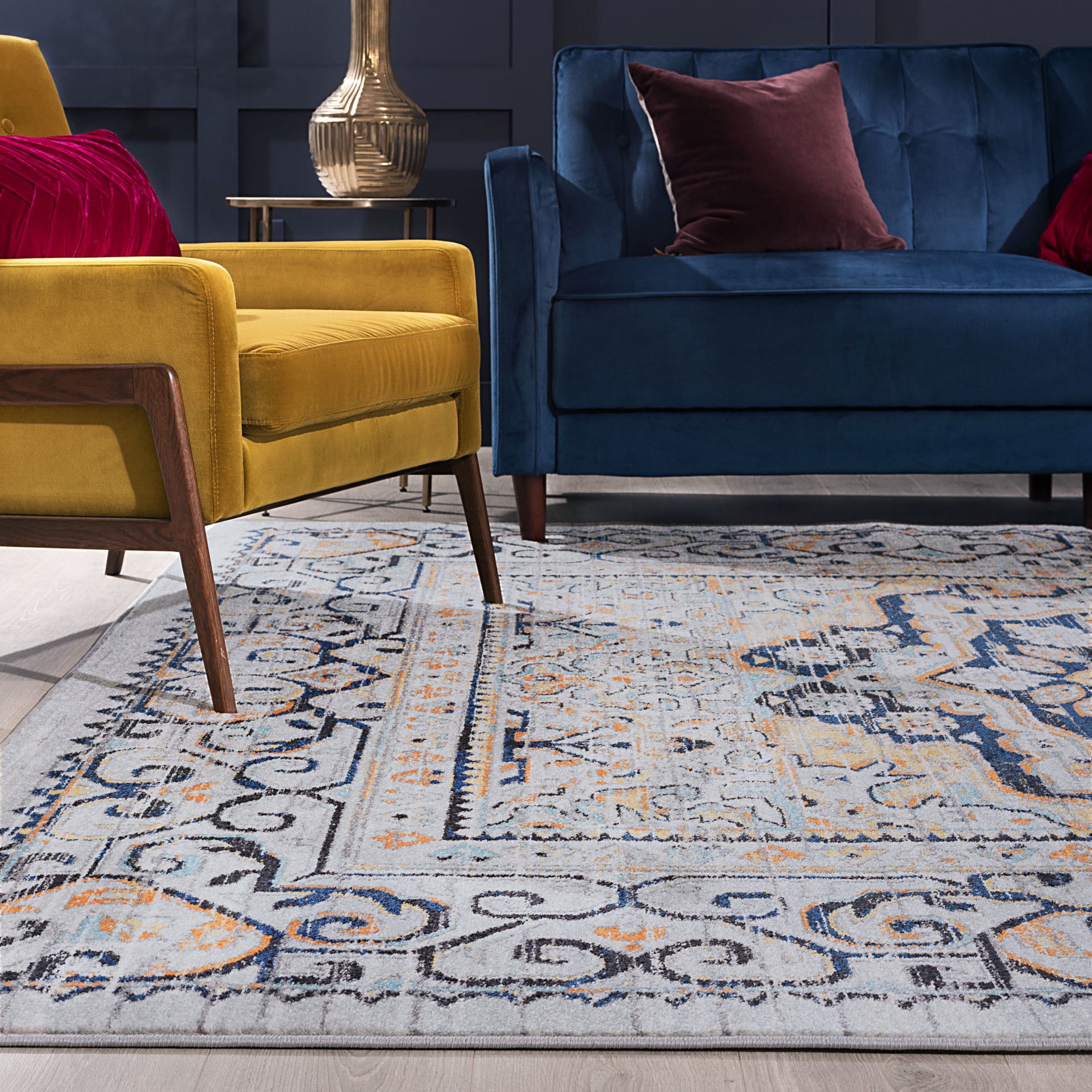 Transitional 9x12 Area Rug (8'9'' x 12'3'') Medallion Navy, Gray Living Room Easy to Clean