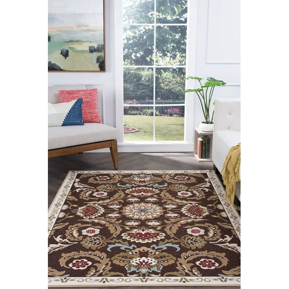 Transitional 9x12 Area Rug (9'3'' x 12'6'') Floral Brown, Beige Living Room Easy to Clean