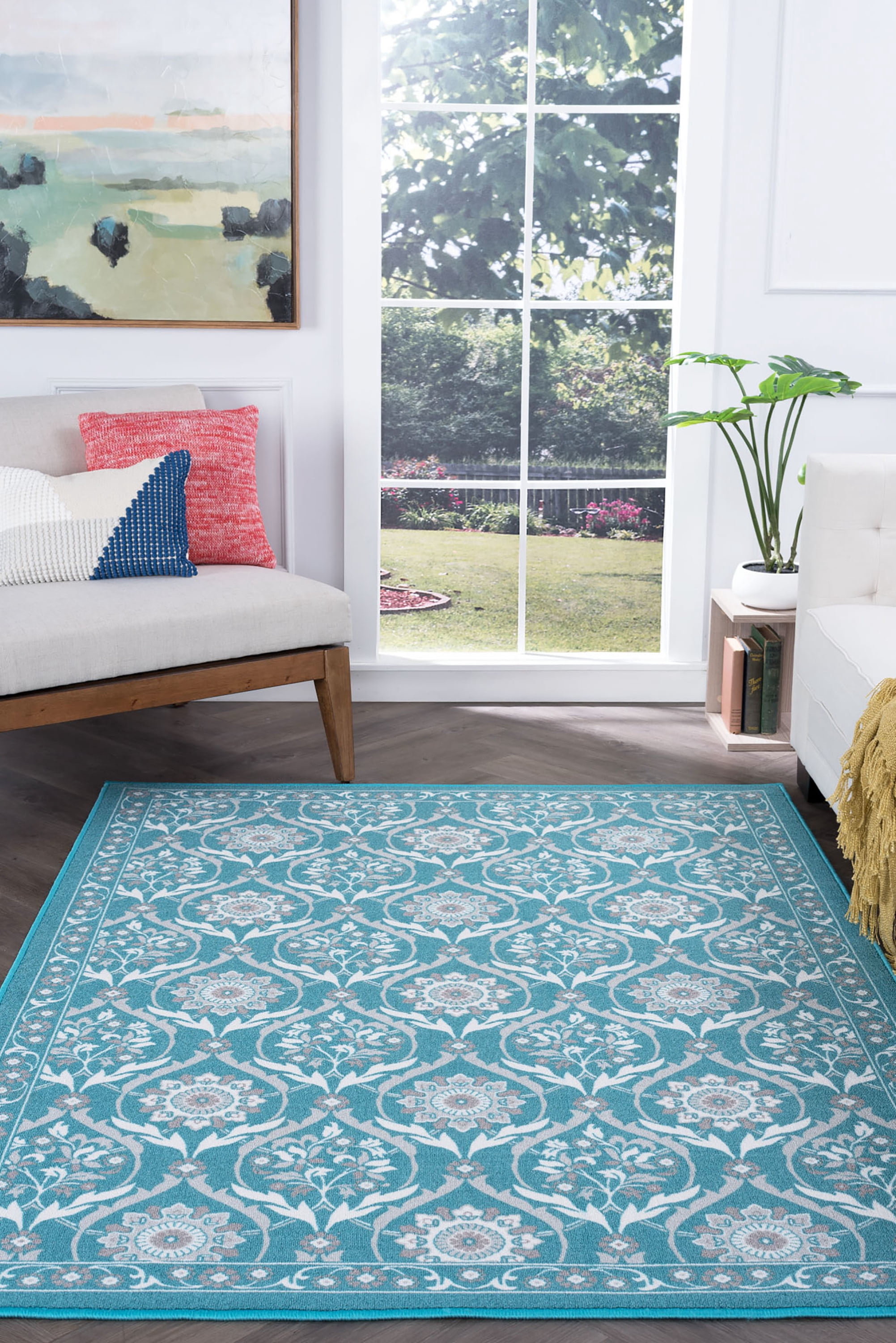Transitional 9x12 Area Rug (9'3'' x 12'6'') Floral Teal, Ivory Living Room Easy to Clean