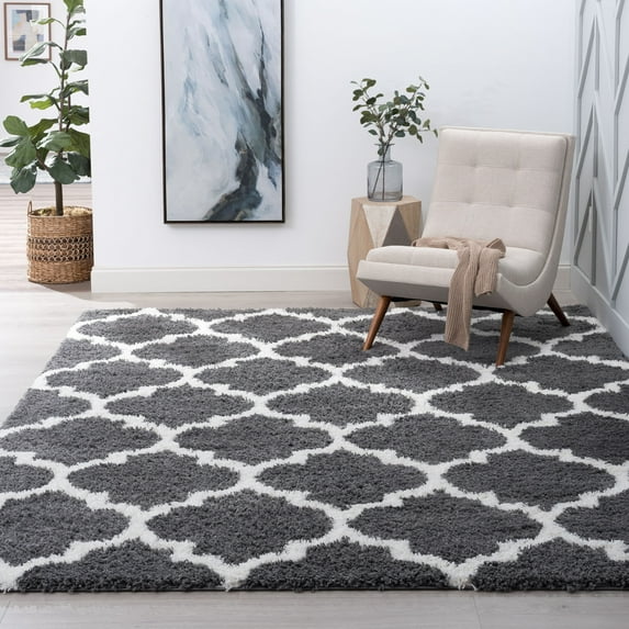 Jersey Shag Transitional Geometric Gray and White Polypropylene Indoor Area Rug, 9'x12' Rectangle