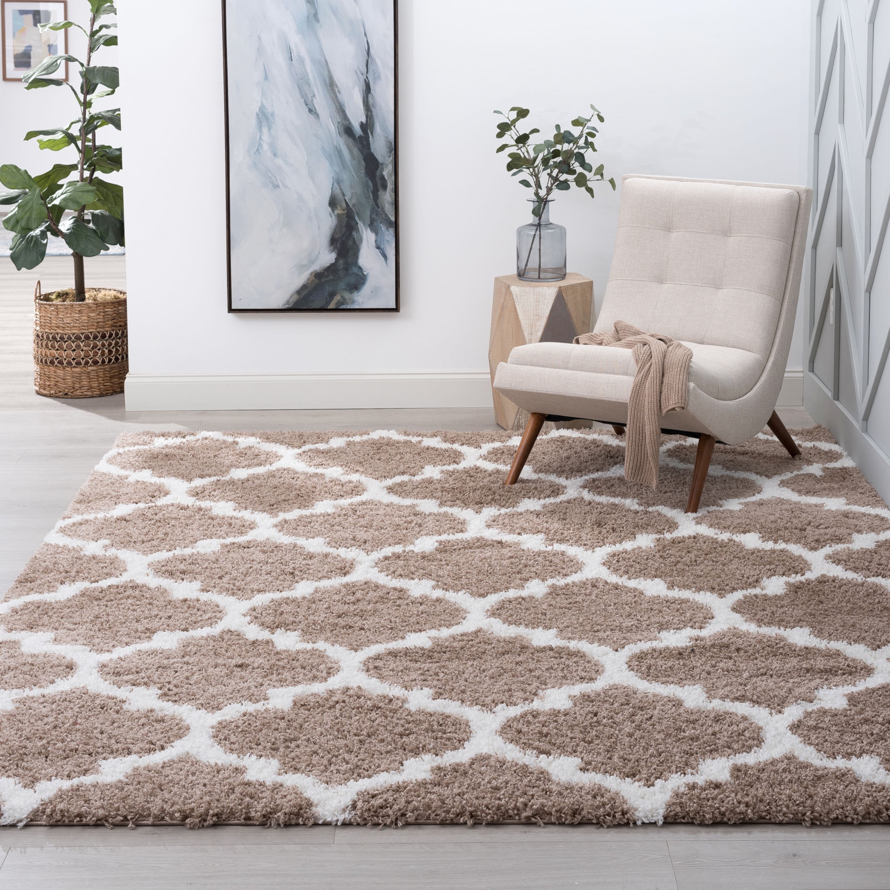 Jersey Shag Transitional Geometric Tan and White Polypropylene Indoor Area Rug, 9'x12' Rectangle