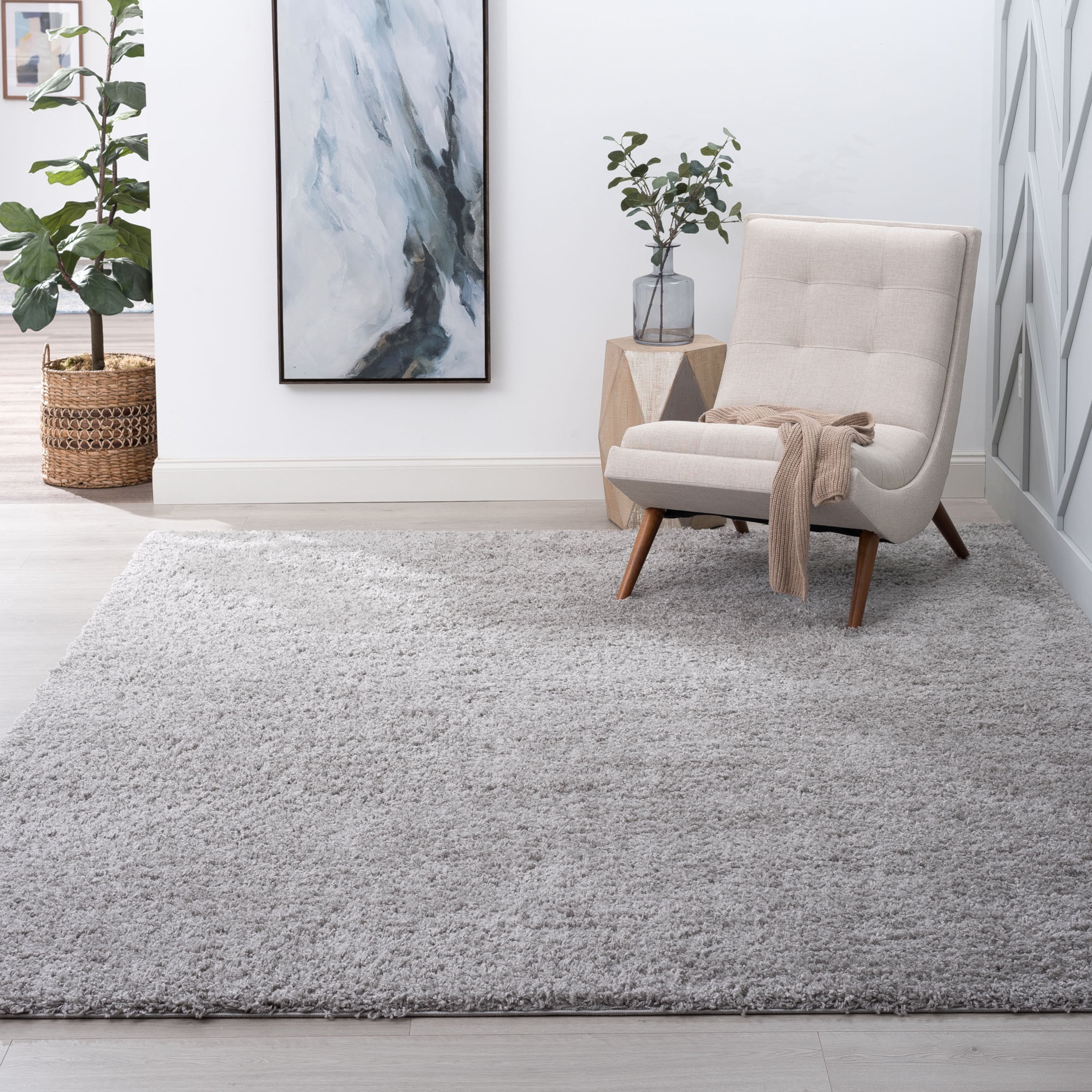 Jersey Shag Transitional Solid Silver Polypropylene Indoor Area Rug, 9'x12' Rectangle