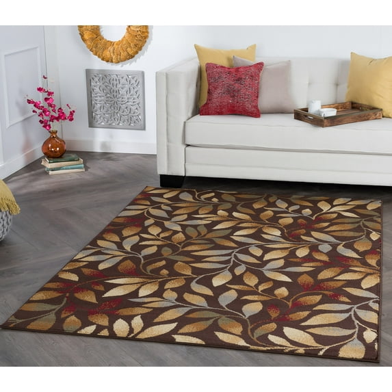 Transitional 9x13 Area Rug (8'9'' x 12'3'') Floral Brown, Red Living Room Easy to Clean