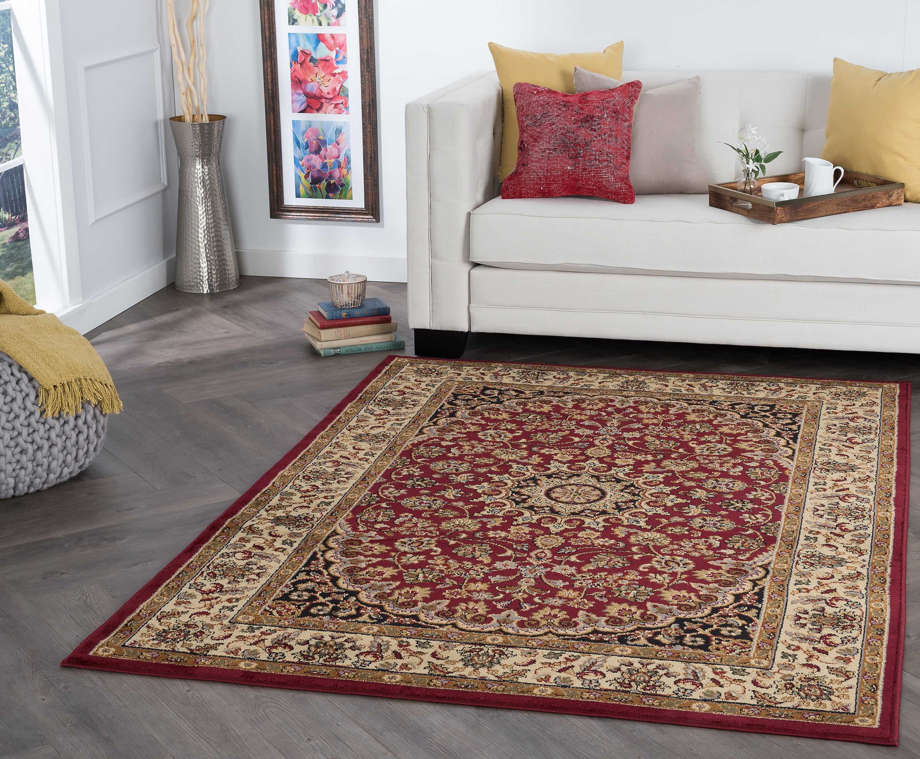 Transitional 9x13 Area Rug (8'9'' x 12'3'') Oriental Red, Beige Living Room Easy to Clean