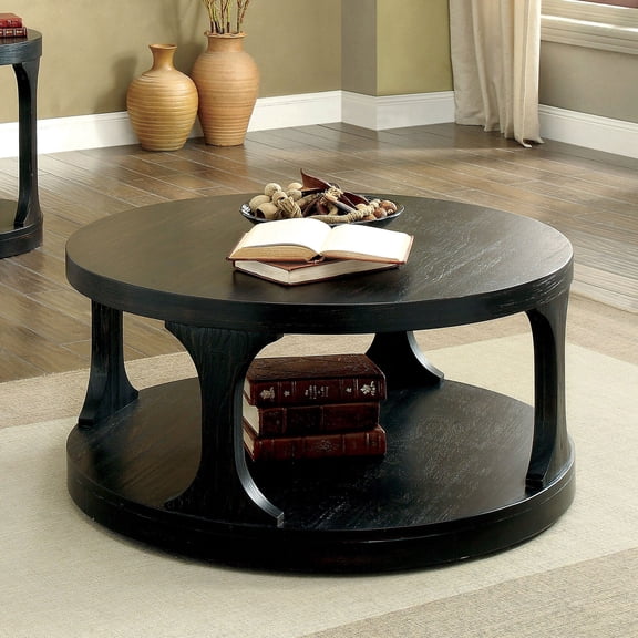 Transitional Antique Black Round Coffee Table w/Storage Shelf - 36" Solid Wood & Veneer, I-Shaped Legs for Living Room Accent Furniture