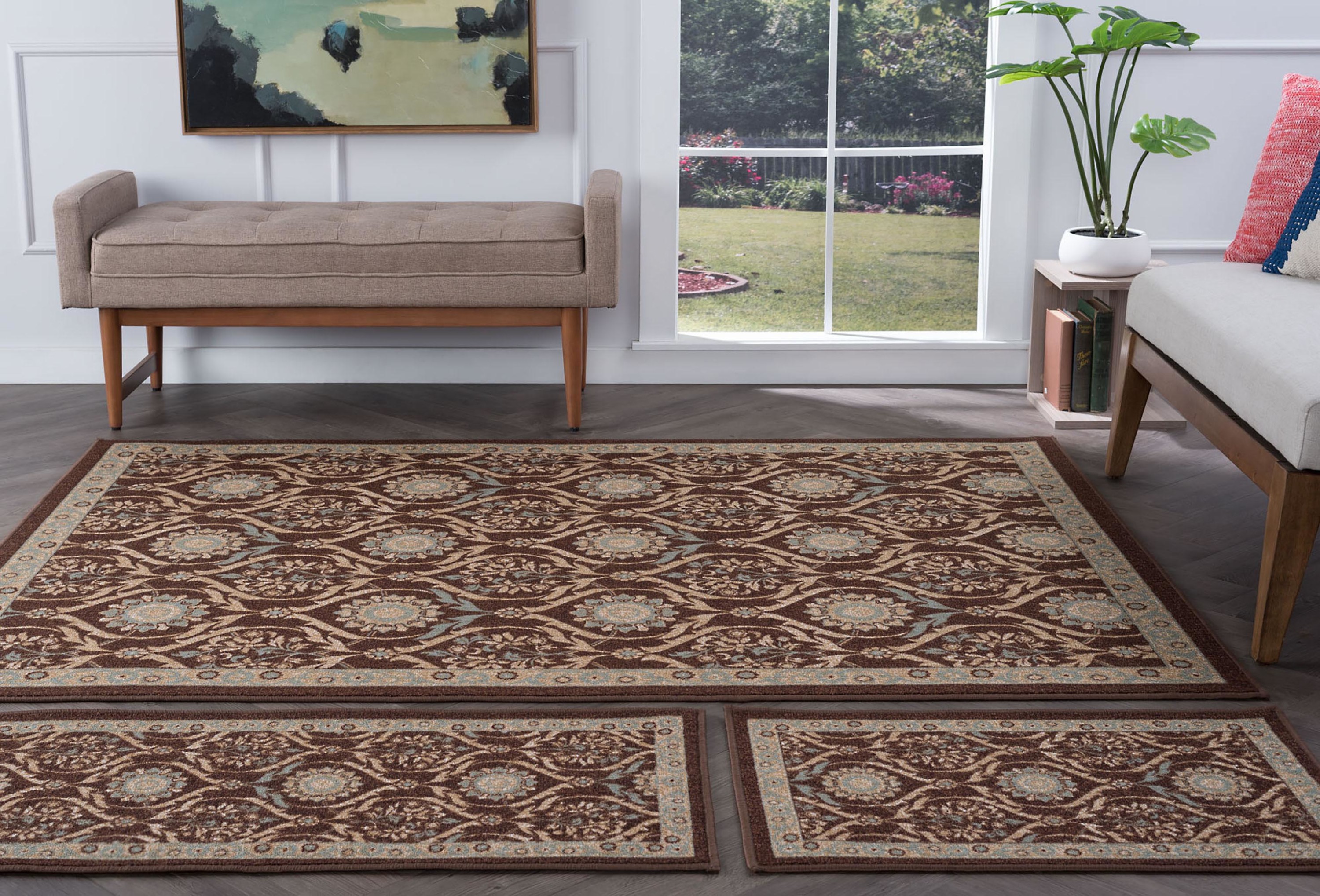 Transitional Area Rug (3-Piece Rug Set: (5' x 7', 20'' x 60'', 20'' x 32'')) Floral Brown, Beige Indoor Set Easy to Clean