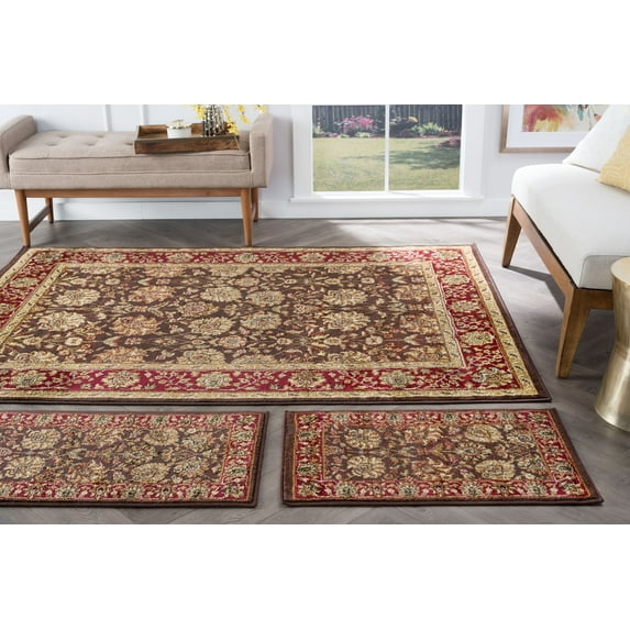 Transitional Area Rug (3-Piece Rug Set: (5' x 7', 20'' x 60'', 20'' x 32'')) Floral Brown, Sage Green Indoor Set Easy to Clean