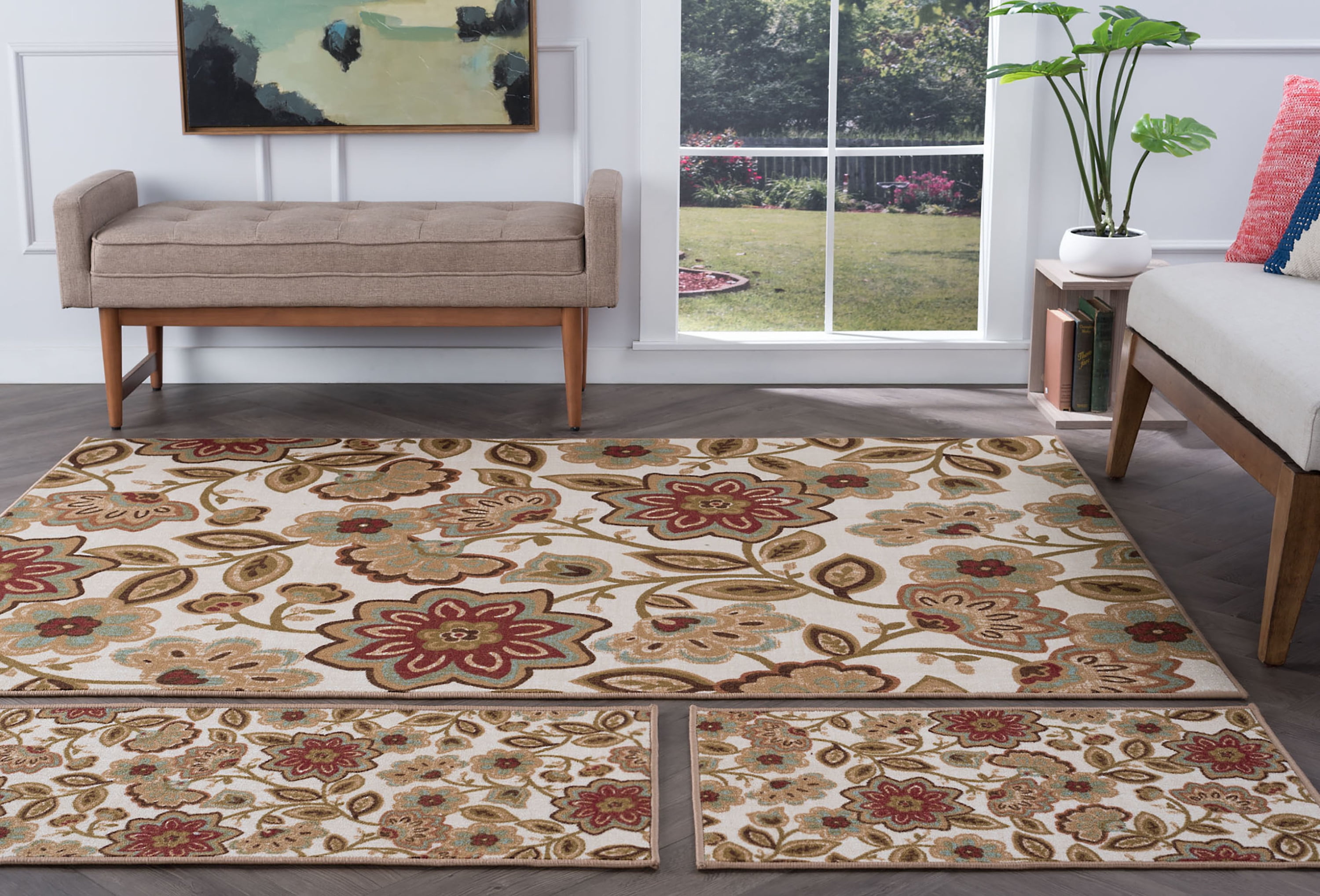 Transitional Area Rug (3-Piece Rug Set: (5' x 7', 20'' x 60'', 20'' x 32'')) Floral Cream, Beige Indoor Set Easy to Clean