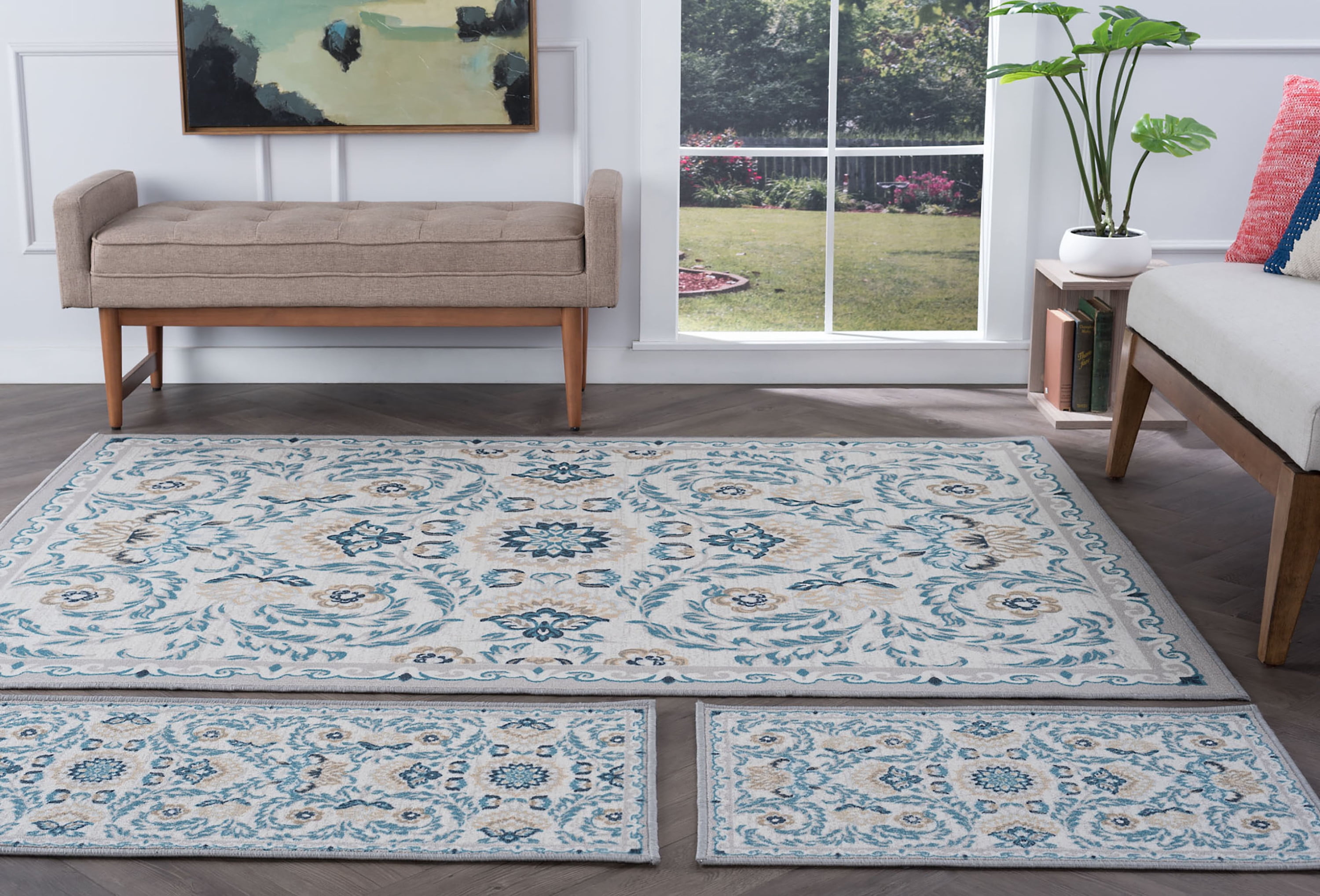 Transitional Area Rug (3-Piece Rug Set: (5' x 7', 20'' x 60'', 20'' x 32'')) Floral Cream, Navy Indoor Set Easy to Clean