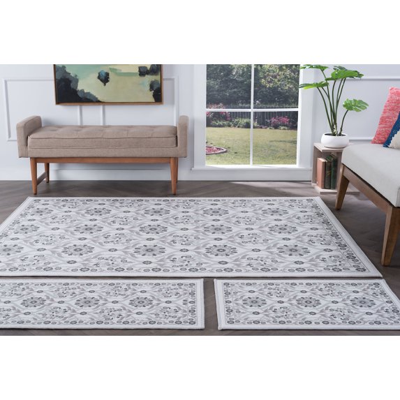 Transitional Area Rug (3-Piece Rug Set: (5' x 7', 20'' x 60'', 20'' x 32'')) Floral Ivory, Gray Indoor Set Easy to Clean