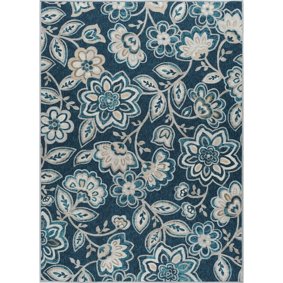 Transitional Area Rug (3-Piece Rug Set: (5' x 7', 20'' x 60'', 20'' x 32'')) Floral Navy, Beige Indoor Set Easy to Clean