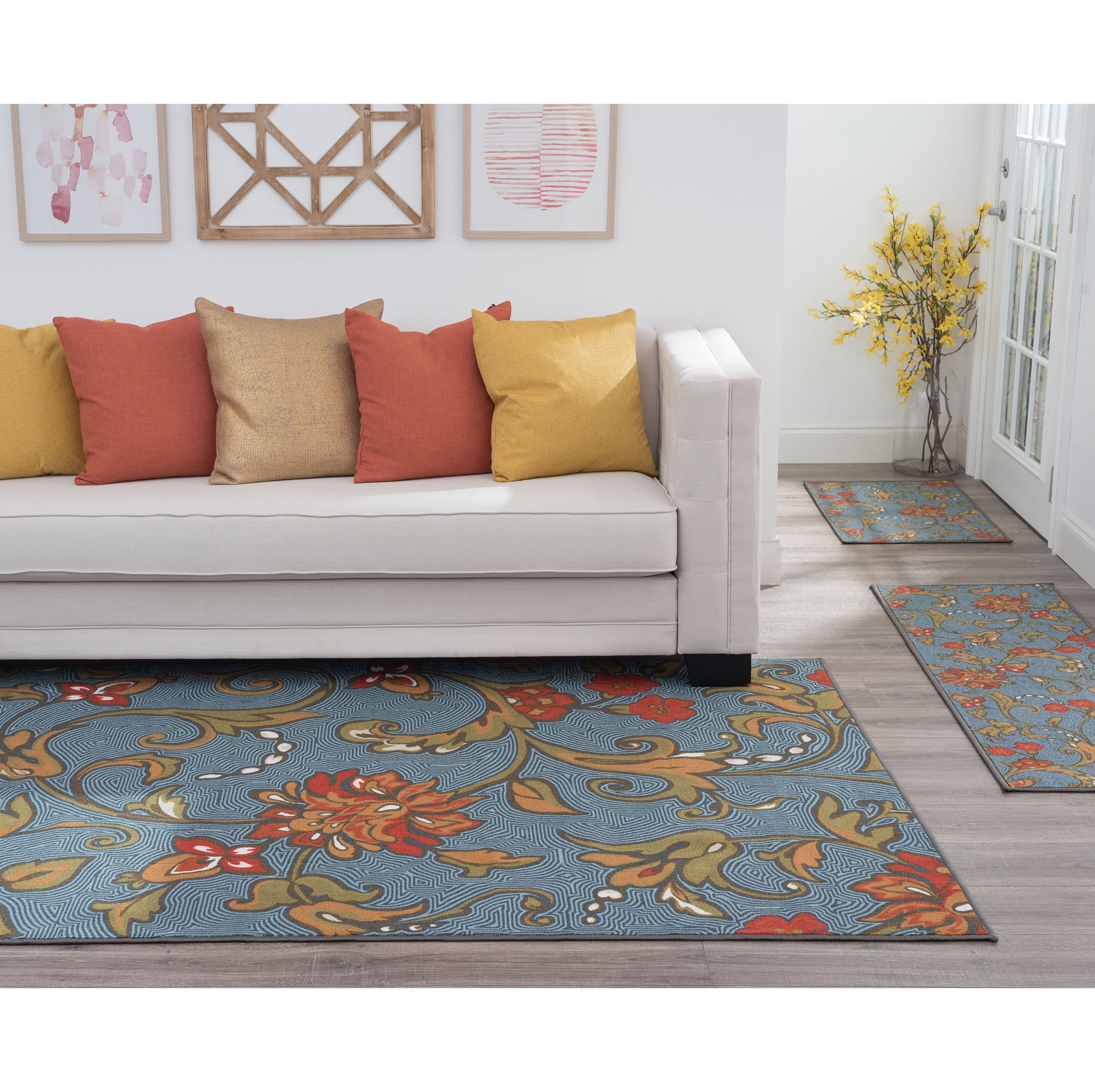 Transitional Area Rug (3-Piece Rug Set: (5' x 7', 20'' x 60'', 20'' x 32'')) Floral Navy, Gold Indoor Set Easy to Clean