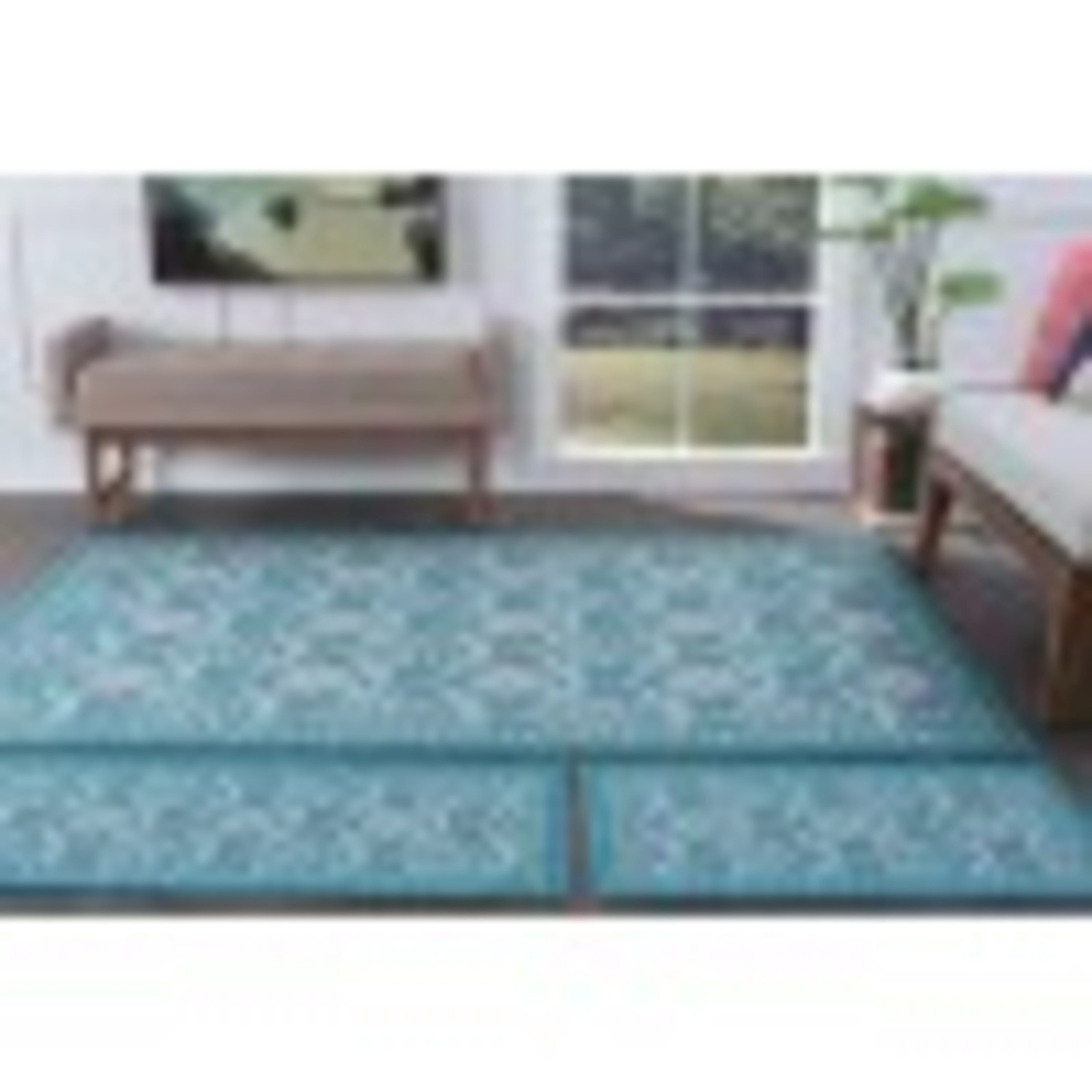 Transitional Area Rug (3-Piece Rug Set: (5' x 7', 20'' x 60'', 20'' x 32'')) Floral Teal, Ivory Indoor Set Easy to Clean