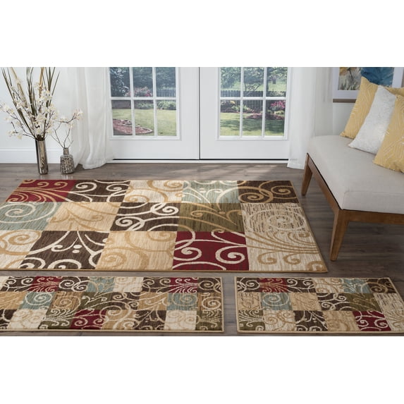 Transitional Area Rug (3-Piece Rug Set: (5' x 7', 20'' x 60'', 20'' x 32'')) Geometric Multi-Color Indoor Set Easy to Clean