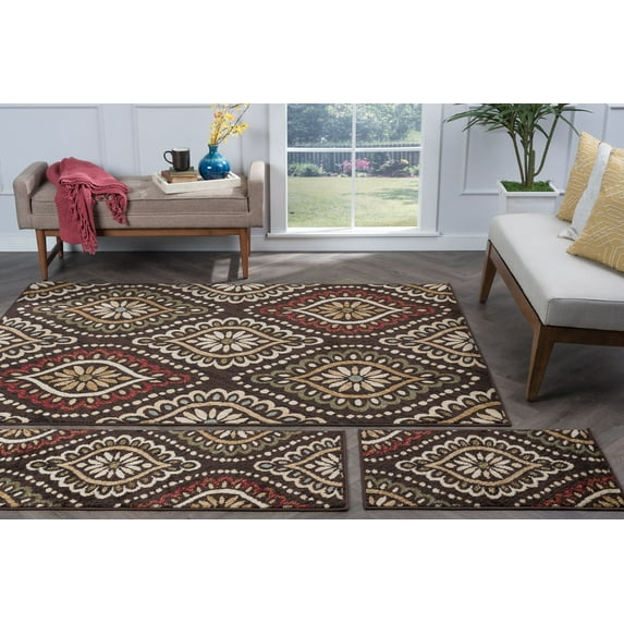 Transitional Area Rug (3-Piece Rug Set: (5' x 7', 20'' x 60'', 20'' x 32'')) Medallion Brown, Red Indoor Set Easy to Clean