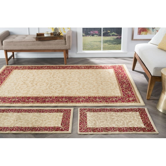 Transitional Area Rug (3-Piece Rug Set: (5' x 7', 20'' x 60'', 20'' x 32'')) Oriental Beige, Red Indoor Set Easy to Clean