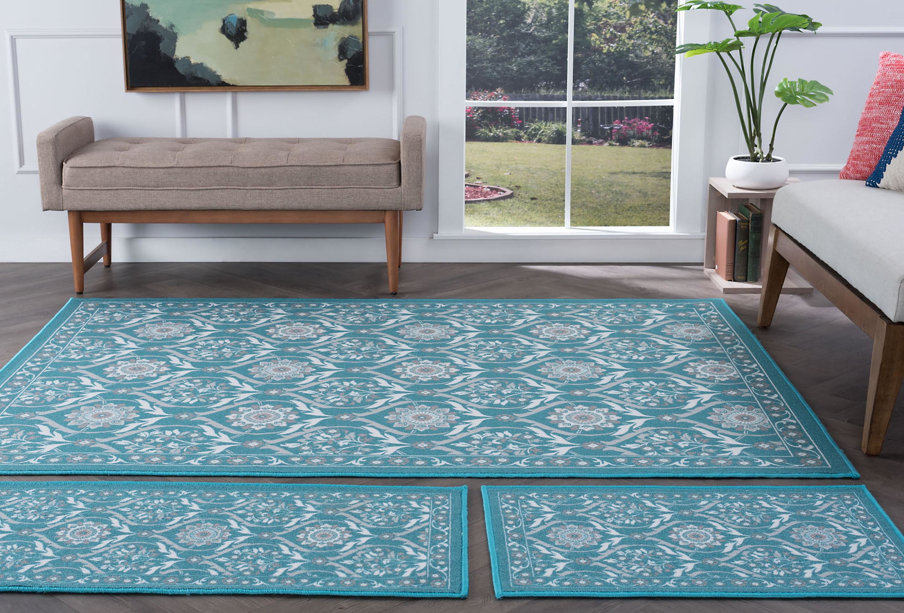 Transitional Area Rug (4-Piece Rug Set: (8' x 10', 5' x 7', 20'' x 60'', 20'' x 32'')) Floral Teal, Ivory Indoor Set Easy to Clean