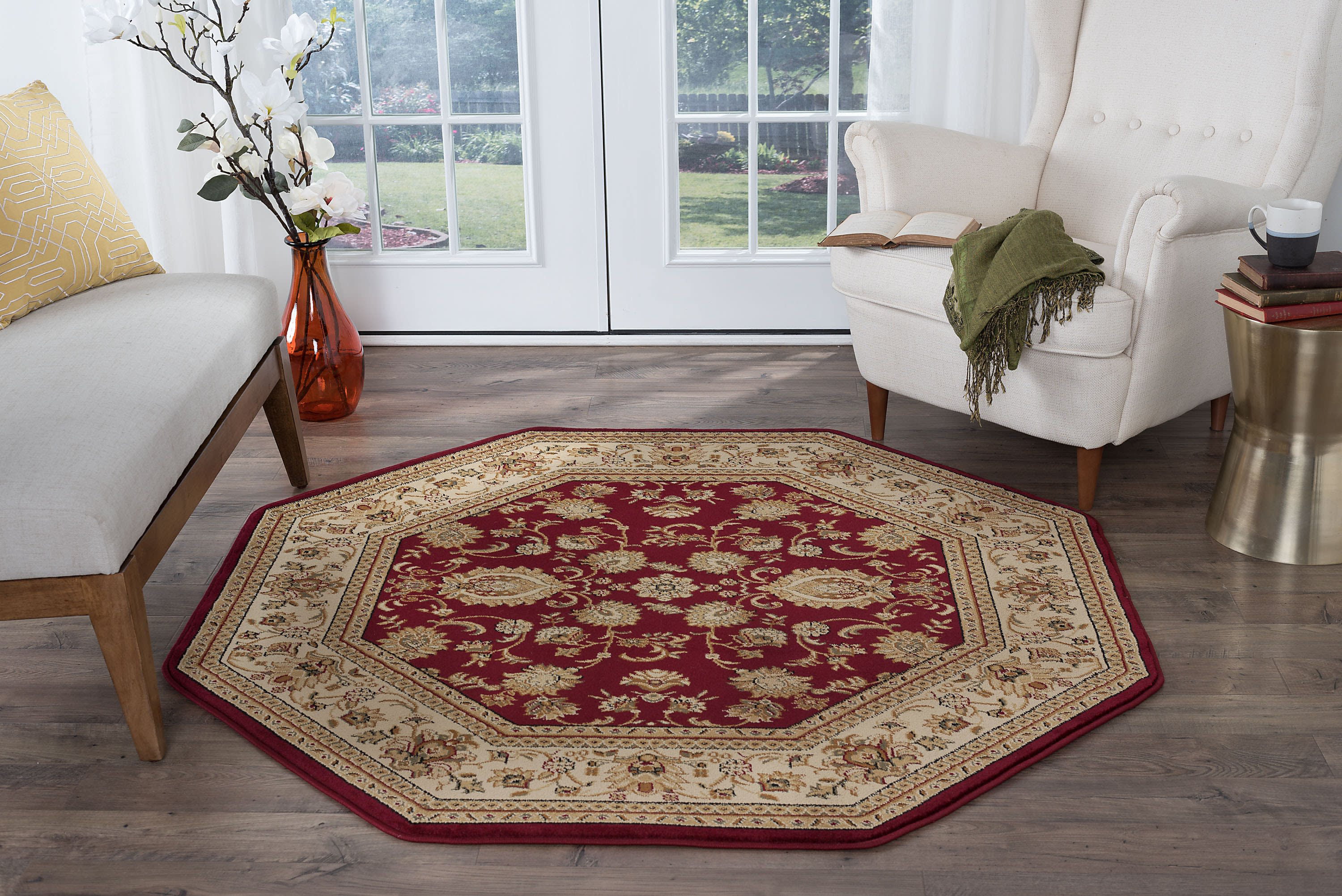 Transitional Area Rug 5 3 Octagon Border Red Beige Indoor Easy To Clean Com