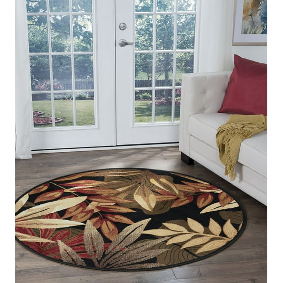 Transitional Area Rug (5'3'' Round) Botanical Black, Avocado Indoor Round Easy to Clean