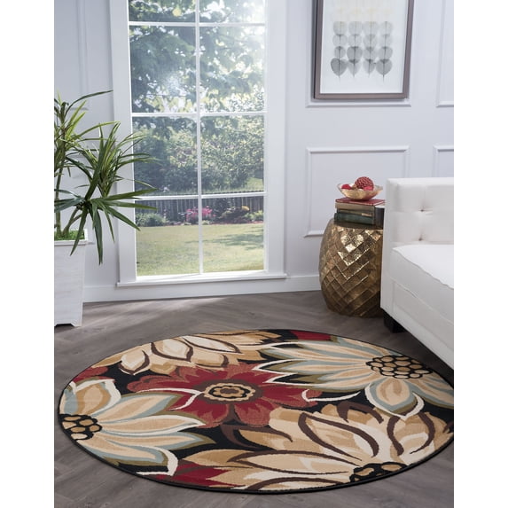 Transitional Area Rug (5'3'' Round) Floral Black, Red Indoor Round Easy to Clean