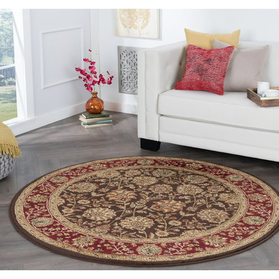 Transitional Area Rug (5'3'' Round) Floral Brown, Sage Green Indoor Round Easy to Clean