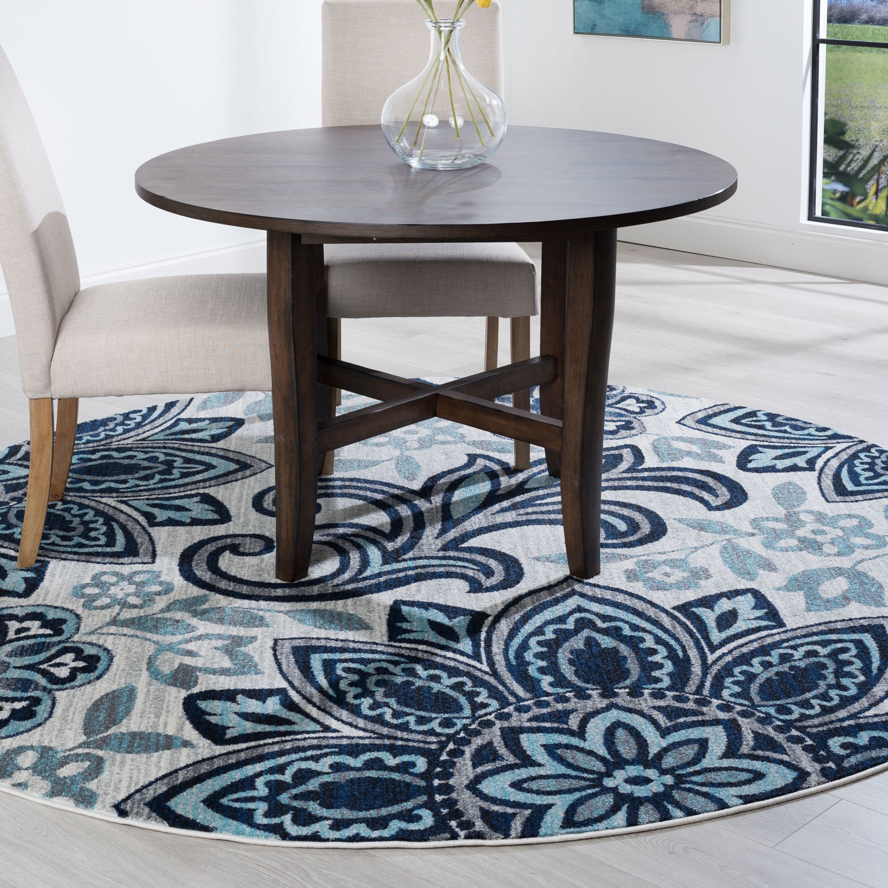 Transitional Area Rug (5'3'' Round) Floral Cream, Navy Indoor Round Easy to Clean
