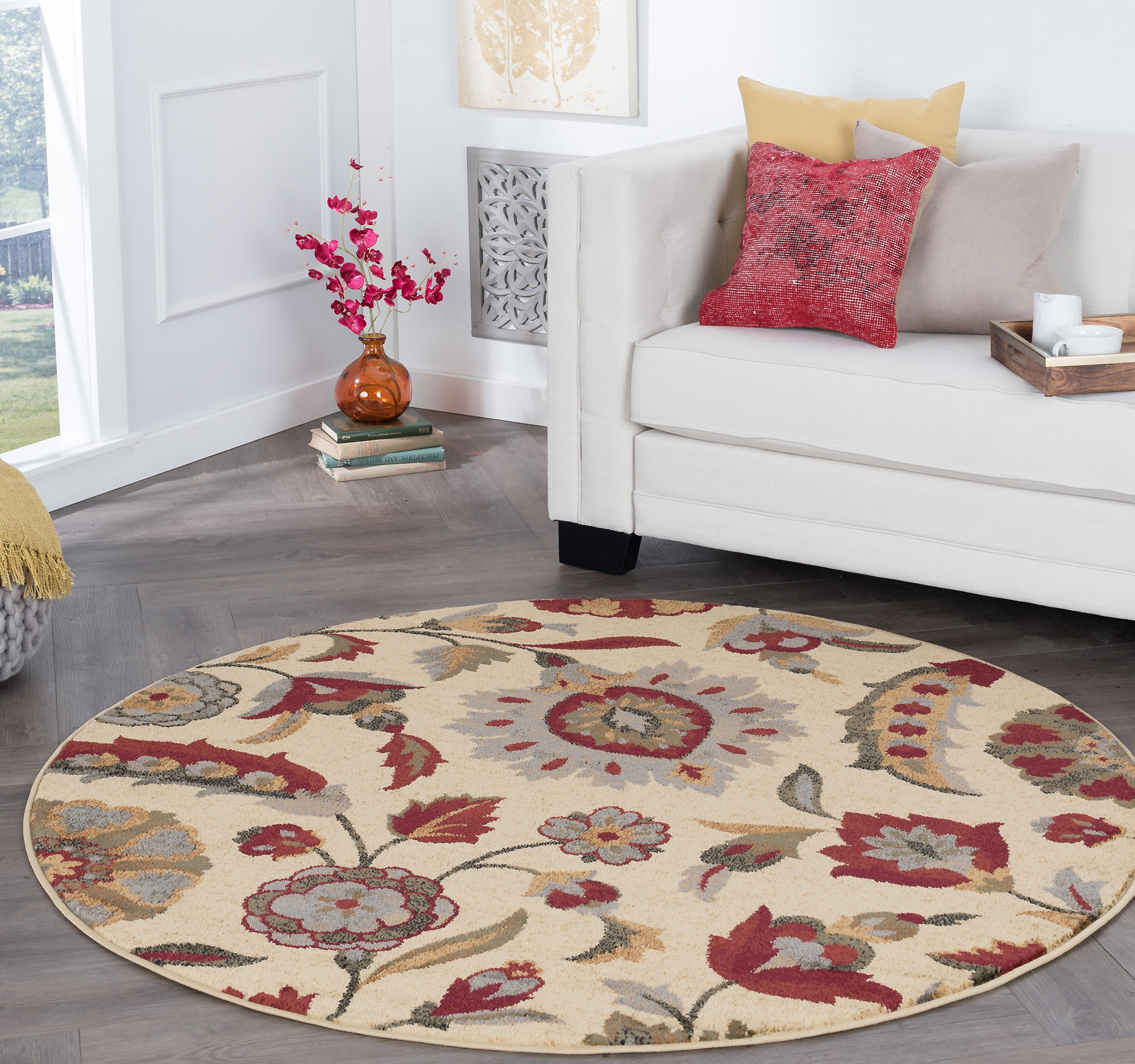 Transitional Area Rug (5'3'' Round) Floral Ivory, Beige Indoor Round Easy to Clean