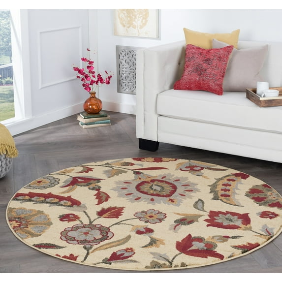 Transitional Area Rug (5'3'' Round) Floral Ivory, Beige Indoor Round Easy to Clean