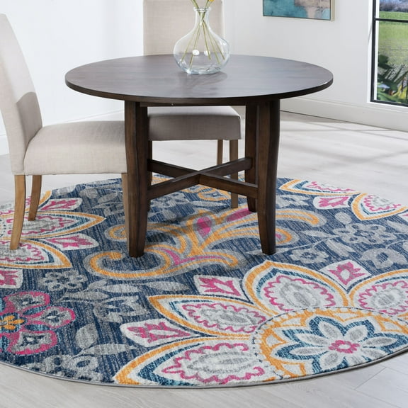 Transitional Area Rug (5'3'' Round) Floral Pink, Navy Indoor Round Easy to Clean