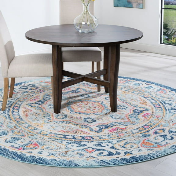 Transitional Area Rug (5'3'' Round) Medallion Pink, Navy Indoor Round Easy to Clean