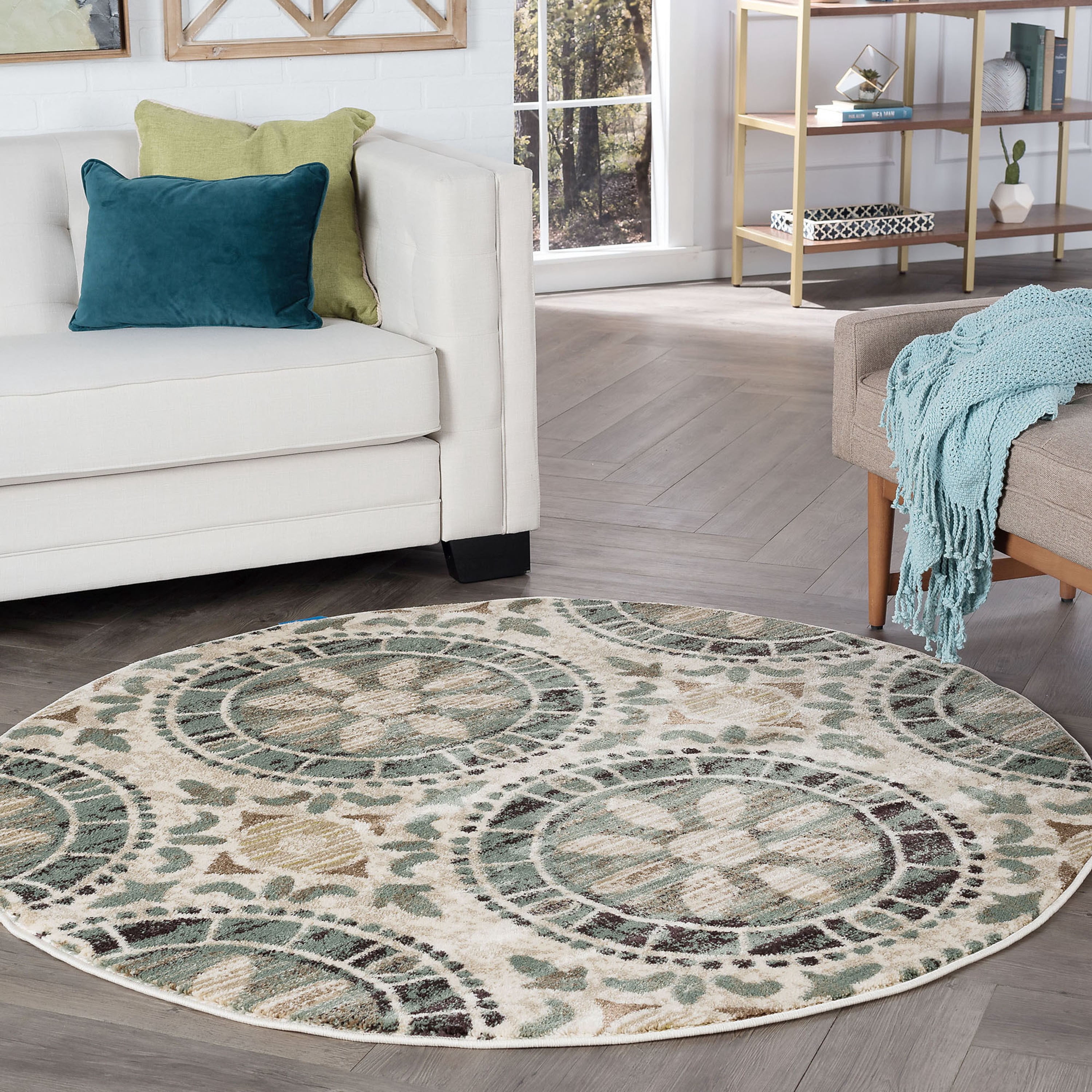Transitional Area Rug (5'3'' Round) Mediterranean Tile Ivory, Seafoam Indoor Round Easy to Clean