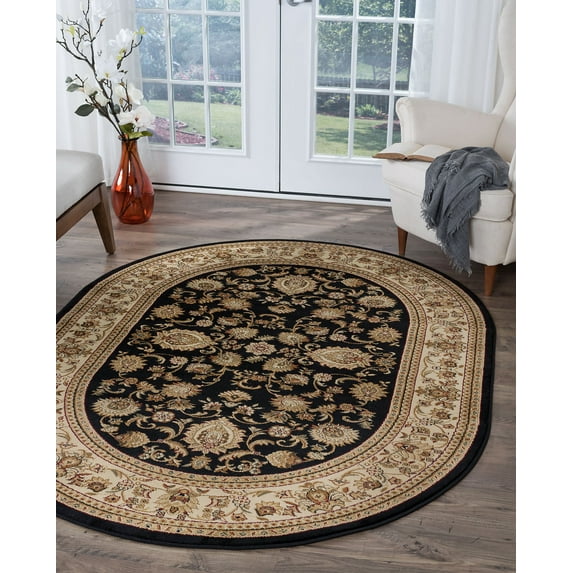 Transitional Area Rug (5'3'' x 7'3'' Oval) Border Black, Beige Living Room Easy to Clean