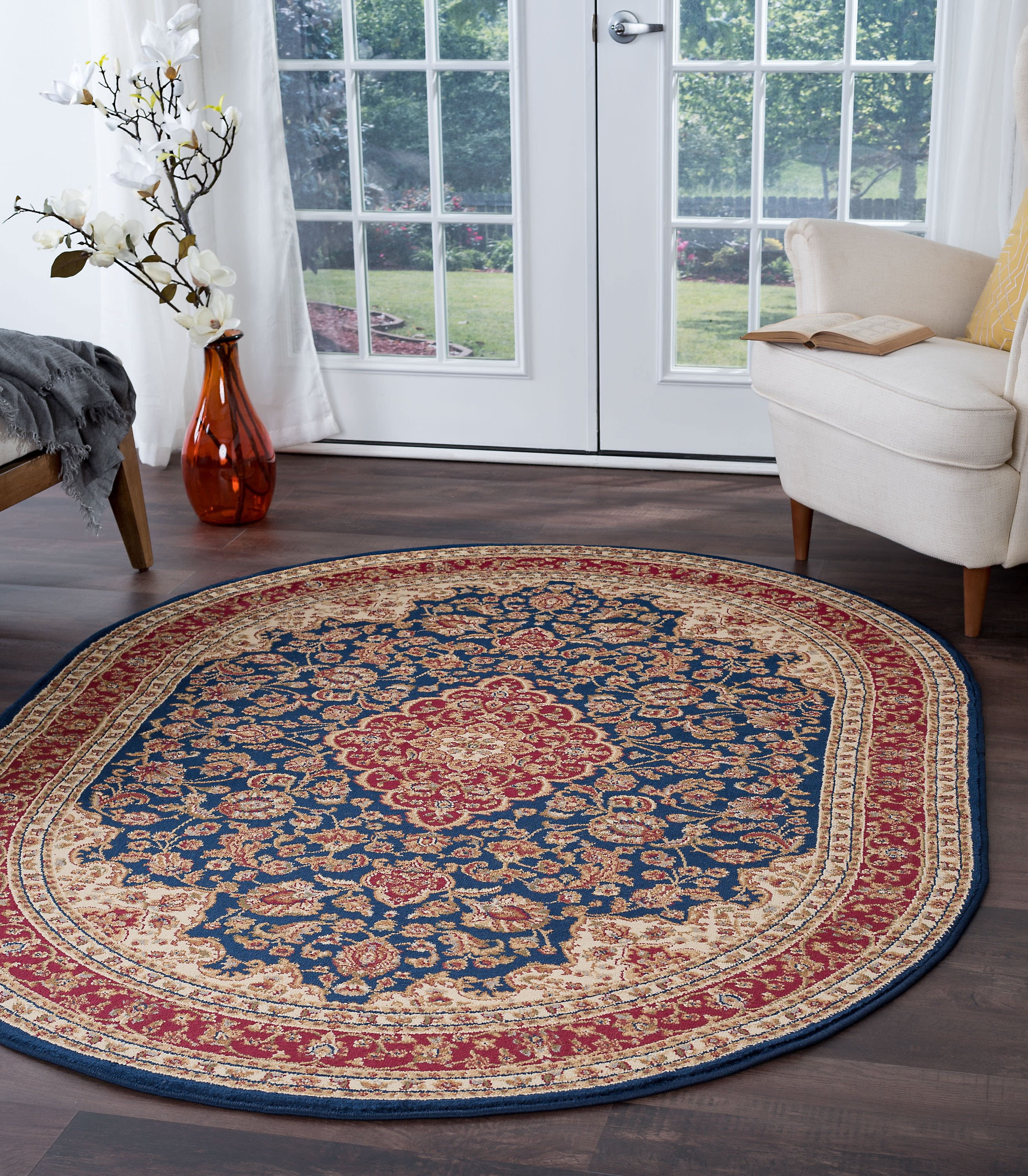 Transitional Area Rug (5'3'' x 7'3'' Oval) Border Navy, Beige Living Room Easy to Clean