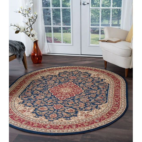 Transitional Area Rug (5'3'' x 7'3'' Oval) Border Navy, Beige Living Room Easy to Clean