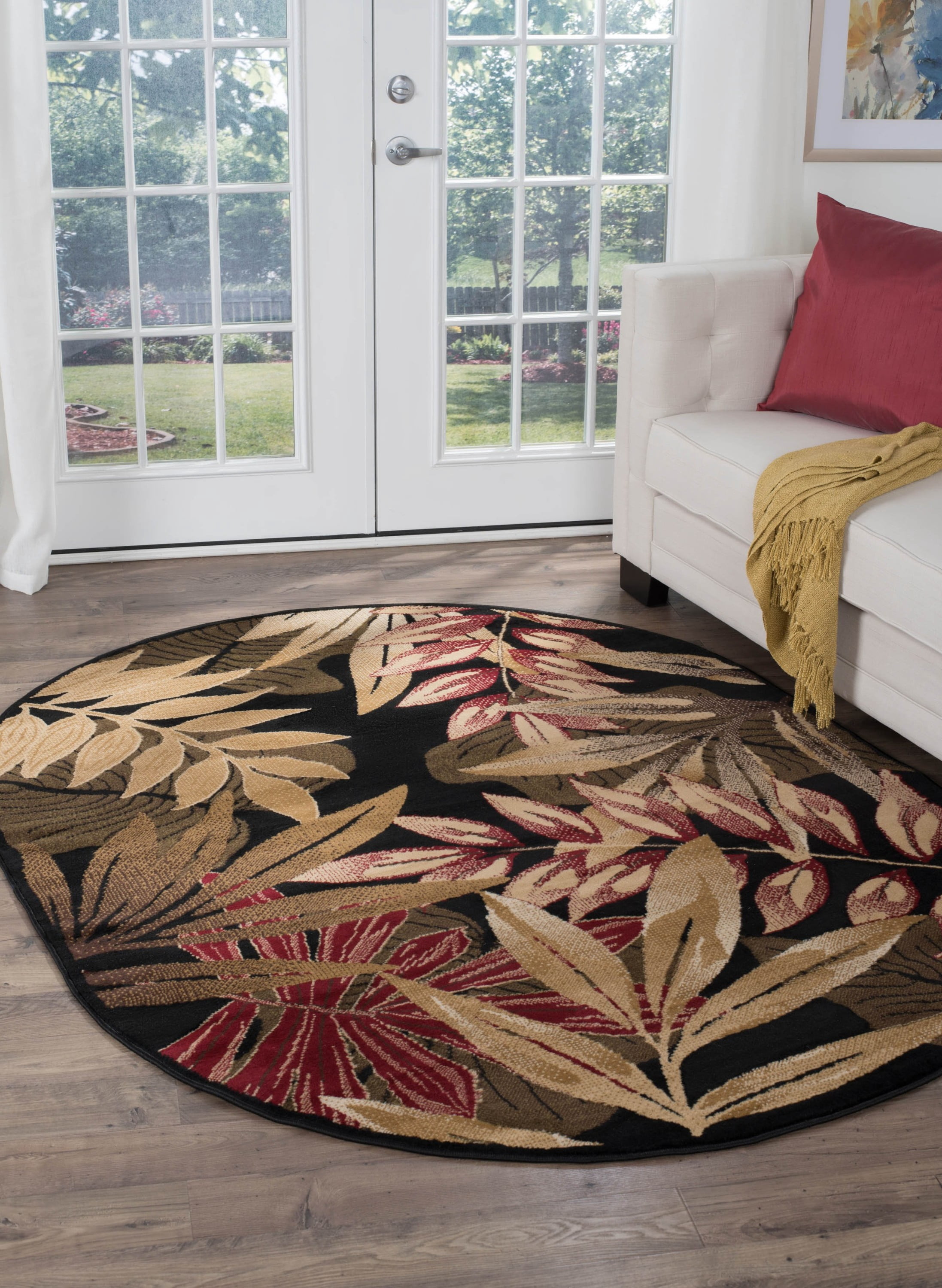 Transitional Area Rug (5'3'' x 7'3'' Oval) Botanical Black, Avocado Living Room Easy to Clean