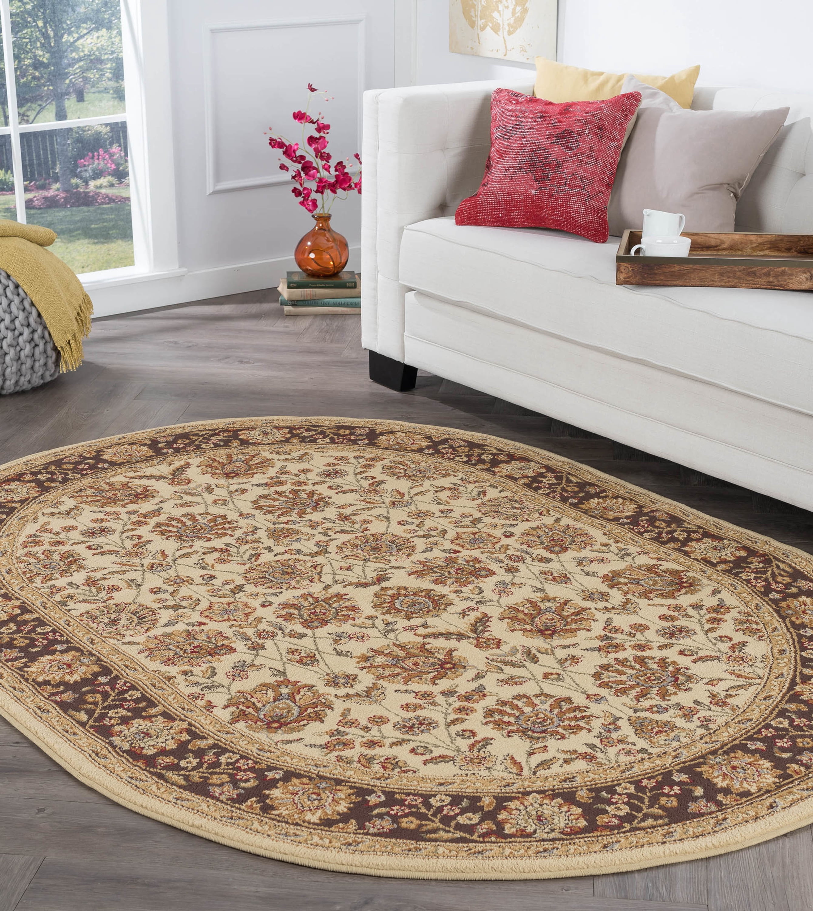 Transitional Area Rug (5'3'' x 7'3'' Oval) Floral Beige, Sage Green Living Room Easy to Clean