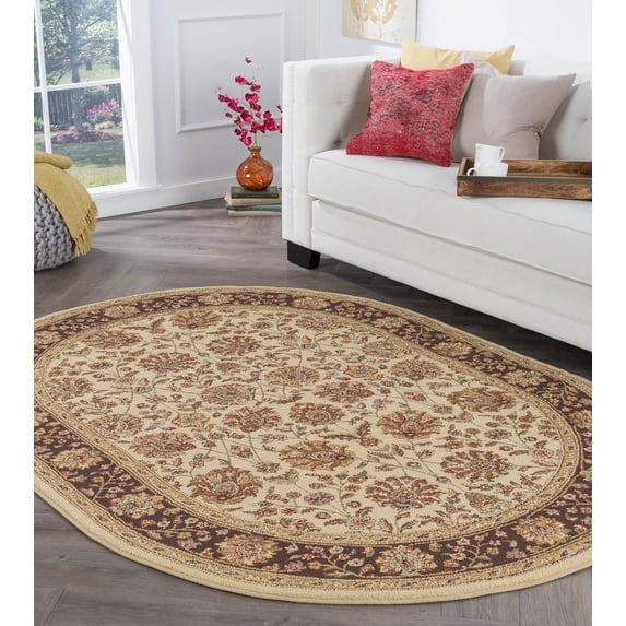 Transitional Area Rug (5'3'' x 7'3'' Oval) Floral Beige, Sage Green Living Room Easy to Clean