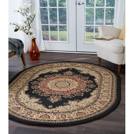 Transitional Area Rug (6'7'' x 9'6'' Oval) Border Black, Beige Living Room Easy to Clean